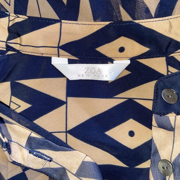 Zoa New York Anthropologie Blue Tan Sheer Geometric Print Long-Sleeve Small - Picture 4 of 6